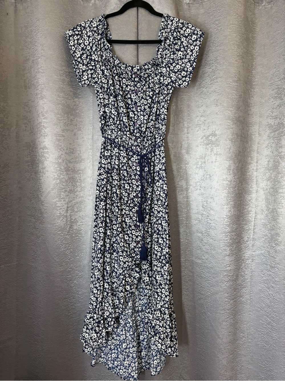 Navy Floral Square-Neck Maxi Dress with Tie Waist